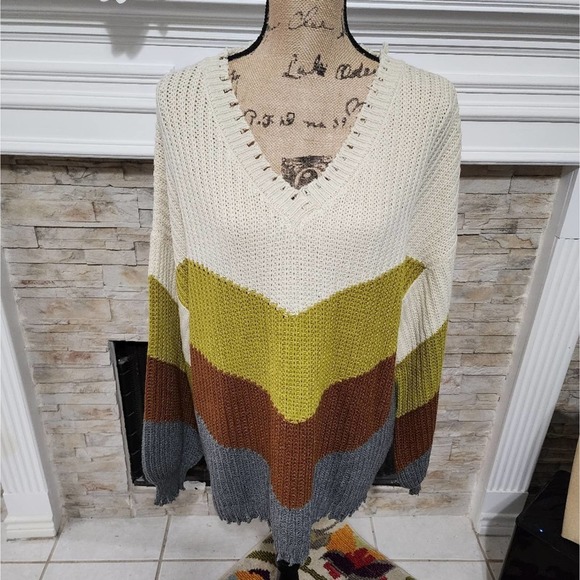 BLU PEPPER color block chevron boho‎ destroyed sweater size 2X - Picture 1 of 8